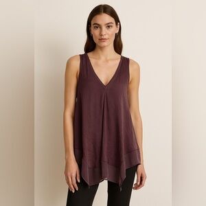 Vera Wang Sleeveless Satin Chiffon Asymmetrical Hem V Neck Top Purple sz Small